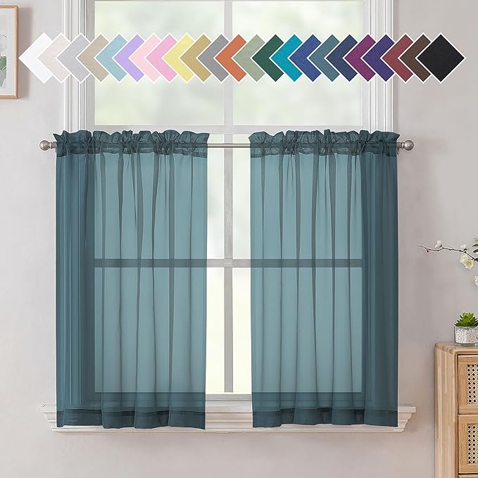 Aiyufeng Dusty Blue Sheer Curtains 36 inches Long, Short Kitchen Window Treatment Solid Sheers Cafe Curtains Bathroom Voile Half Window Curtains 2 Panels, Rod Pocket, 40" Wx36 L