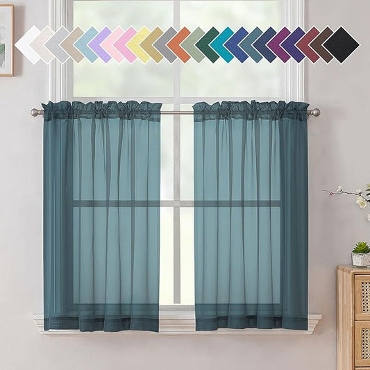 Aiyufeng Dusty Blue Sheer Curtains 36 inches Long, Short Kitchen Window Treatment Solid Sheers Cafe Curtains Bathroom Voile Half Window Curtains 2 Panels, Rod Pocket, 40" Wx36 L