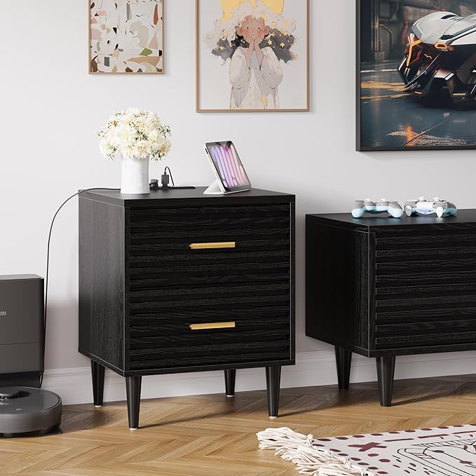 Alohappy Night Stand with Charging Station, Bedside Table with 2 Drawers, Mid Century Modern End Table, Bed Side Table with USB Ports and Outlets, Nightstand for Bedroom, Black 1pc
