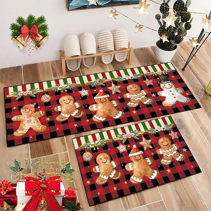 Christmas Kitchen Rugs Non-Slip Holiday Floor Mats 2 Piece Set Gingerbread Man Vintage Decor Soft Absorbent Mats for Front of Sink 17x30 and 17x47 Inches