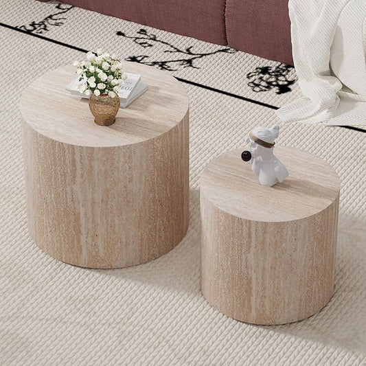 Round Coffee Table Set of 2 Modern Nesting Coffee Tables Wooden Drum Coffee Tables with Non-Slip Feet, Circle Nesting Tables End Table for Living Room Office, No Assembly (Travertine 18.11"+14.57")