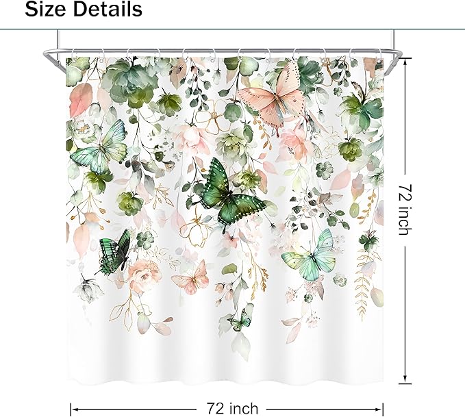 Green Pink Floral Butterfly Shower Curtain 72Wx72L Inch Spring Summer Plant Natural Gold Green Leaves Botanic Bathroom Set Woman Girl Elegant Country Bath Curtain Bathtub Accessories Home Decor