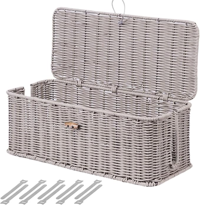 BROWNLILY Cable Management Box, Rattan Style Cord Organizer for Desk Cord Hider Outlet Covers Baby Proofing for Power Strip TV PC Router Charger Under Desk Storage with Lockable Lid and Cable Ties