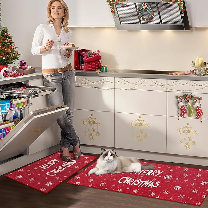 CAROMIO Kitchen Rugs and Mats Washable Non-Skid Kitchen Mats Christmas Decorative Runner Rugs Xmas Throw Floor Mats Runner for Kitchen Laundry Sink, 17"x29"+17"x47"