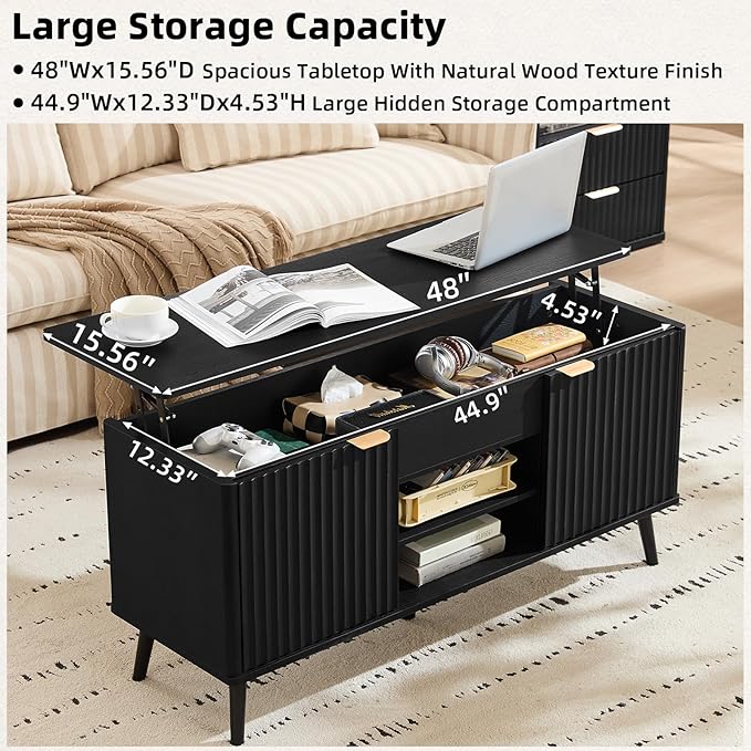 LEYAOYAO 48" Fluted Lift Top Coffee Table with Hidden Storage & Adjustable Shelves, Lifting Tabletop Large Rectangular Coffee Tables, Mid Century Modern Wood Center Table for Living Room,Black