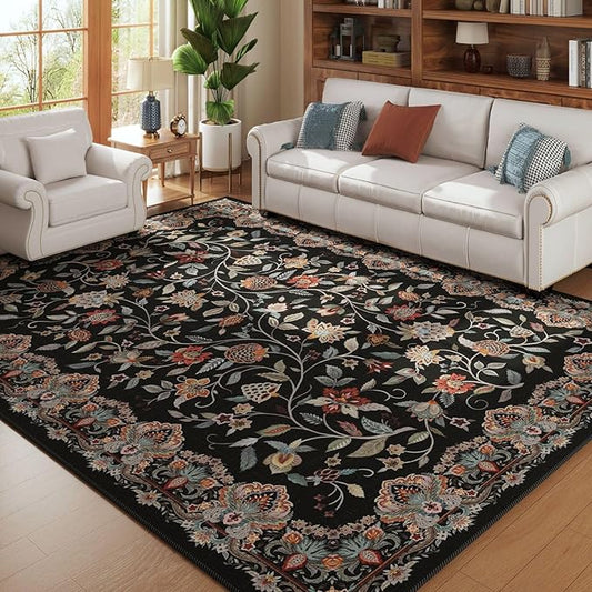 Rugcomf Vintage Paisley Rugs for Living Room 5'x7' - Machine Washable Area Rug, Non-Slip Low Pile Floral Carpet for Bedroom, Dining Room, Farmhouse, Office, Kids Playroom - Black