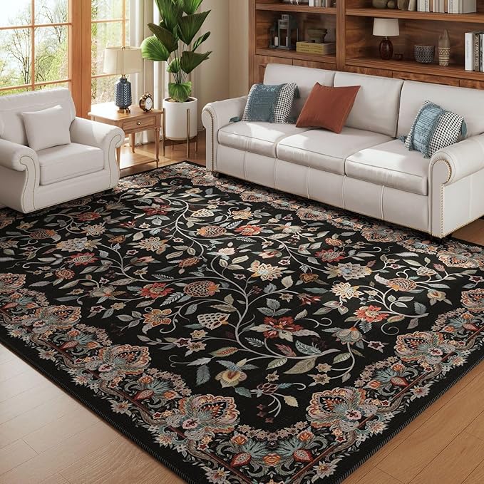 Rugcomf Vintage Paisley Rugs for Living Room 8'x10' - Machine Washable Area Rug, Non-Slip Low Pile Large Floral Carpet for Bedroom, Dining Room, Farmhouse, Office, Kids Playroom - Black