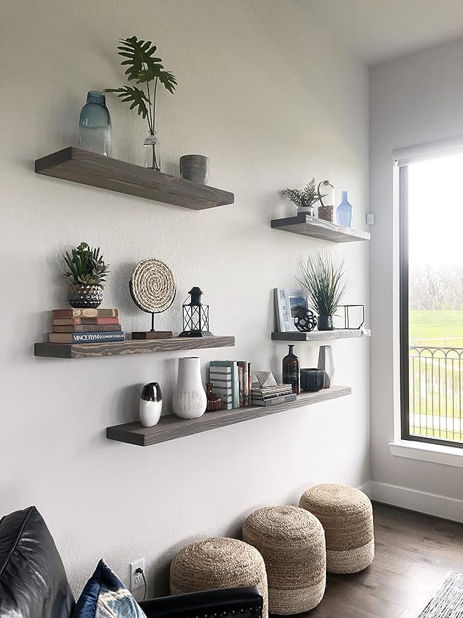 joelsantiques 54 Inch Wooden Floating Shelves for Wall - 54x6x2 in - Made of Natural Wood - Long Heavy Duty Rustic Wall Shelves for Bedroom - Perfect for Living Room, Kitchen - Gray - Grey