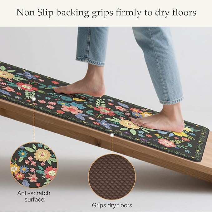 GENIMO Kitchen Mats for Floor 2PCS, Cushioned Kitchen Rugs Non Slip Washable, Farmhouse Anti Fatigue Mat Waterproof, Comfort Standing Mat Rug for Office, Home, Laundry, 17.3"x47"+17.3"x30", Black