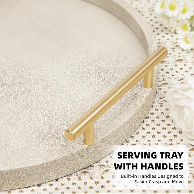 Modern Shagreen Tray, Round Serving Tray with Gold Polished Metal Handles, Decorative Trays Coffee Table Ottoman Trays for Living Room Bathroom Home Decor, Set of 2 (Ivory)