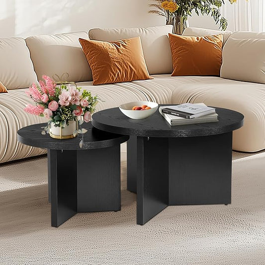 Round Nesting Coffee Tables Set of 2, Modern Stacking Table with Wood Grain Finish, End Table Side Tables for Living Room (Black)
