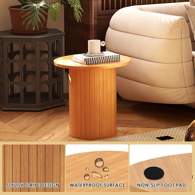 COSVALVE Round Wood Fluted End Table, 15.7” Circle Farmhouse Side Table Sets for Living Room, Bedroom, Balcony, Small Spaces, Natural