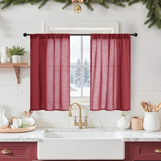 BGment Burgundy Linen Short Curtains 36 Inch Length for Kitchen Window, Small Drapes for Cafe Over Sink Bathroom Decor Semi Sheer Textured Rod Pocket Lightweight, 2 Panels Set, Each 24 Inch Wide