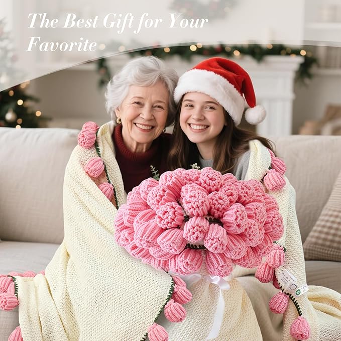 Flower Bouquet Blanket Gifts for Mom Grandma Wife Girlfriend,Completed Crochet Flower Blanket,Soft Knitted Throw Blankets,Gifts for Her Christmas Birthday Anniversary (Pink Roses)