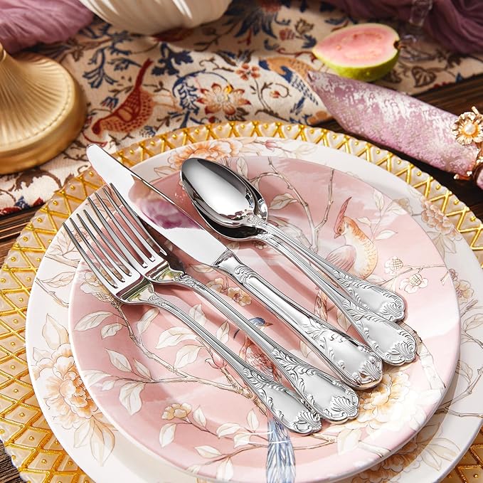 KEAWELL Premium Grand Luxe Flatware Set – 18/10 Stainless Steel, Everyday Elegance Silverware, Dishwasher Safe (20, Silver)