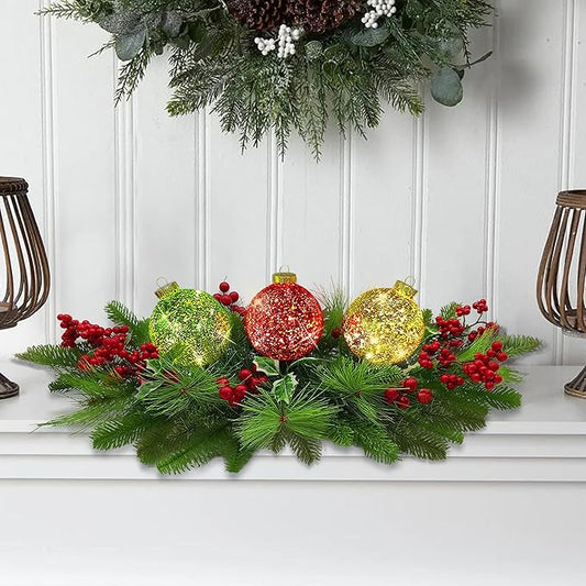 Christmas Table Centerpieces Decorations, Lighted Table Accent Centerpiece with LED Sparkle Baubles Battery Operated with Timer Holiday Candelabrum for Home Party Xmas Table Mantel Decoration