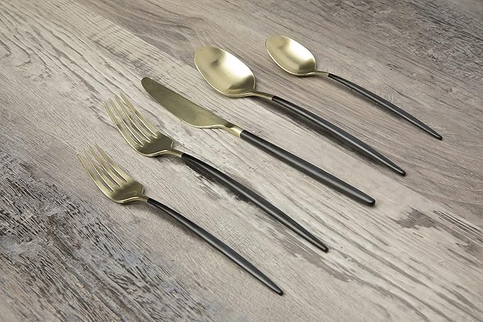 Cambridge 511120CKW12R Gaze Black Champagne Satin 20-Piece Flatware Set, Service for 4