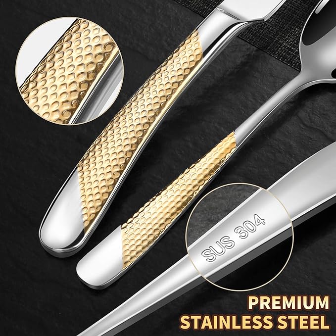 Lemeya 20-Piece Hammered Silver Gold Silverware Set for 4 with Serrated Forging Knives,18/10 Stainless Steel Modern Flatware Set,Unique Cutlery Set Spoons and Forks Set,Mirror Polished,Dishwasher Safe