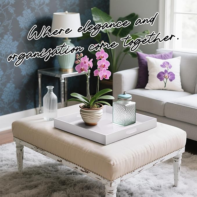 Glossy White Acrylic Serving Tray with Handles-Butler Trays for Coffee Table, Snacks,Breakfast in Bed, Kitchen Countertop,Vanity,Makeup Organizer,Ottoman (White, 20x20 Inch)