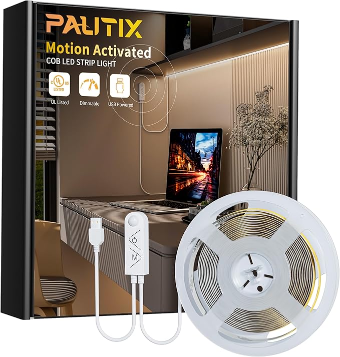 PAUTIX COB LED Strip with Motion Sensor,5V USB LED Tape Light 4000K Natural White 9.84ft/3m,CRI90+ Super Bright 960LEDs,Dimmable Motion Activated LED Strip Light for Bedroom,Cabinets,Kitchen,Closet