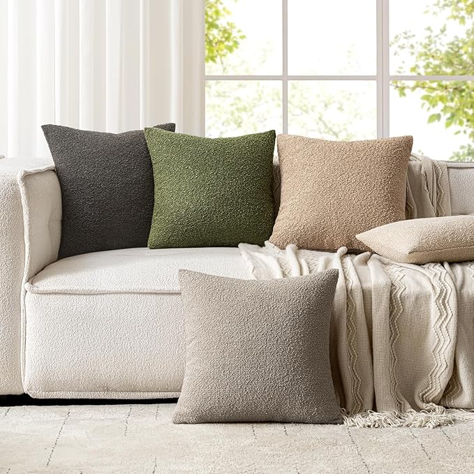 Woaboy Pack of 2 18x18 Inch Decorative Boucle Throw Pillow Covers Textured Square Pillowcaes Accent Solid Cozy Soft Cushion Covers Home Decor for Sofa Couch Living Room Home Decor,Olive Green