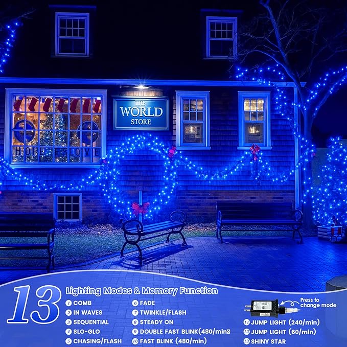 Upgraded Connectable 200 LED String Lights Indoor Outdoor, 66FT Blue Halloween Lights Waterproof, 13 Modes Twinkle Fairy Lights Plug in Clear Wire for Christmas Tree, Bedroom, Classroom, Wedding Decor