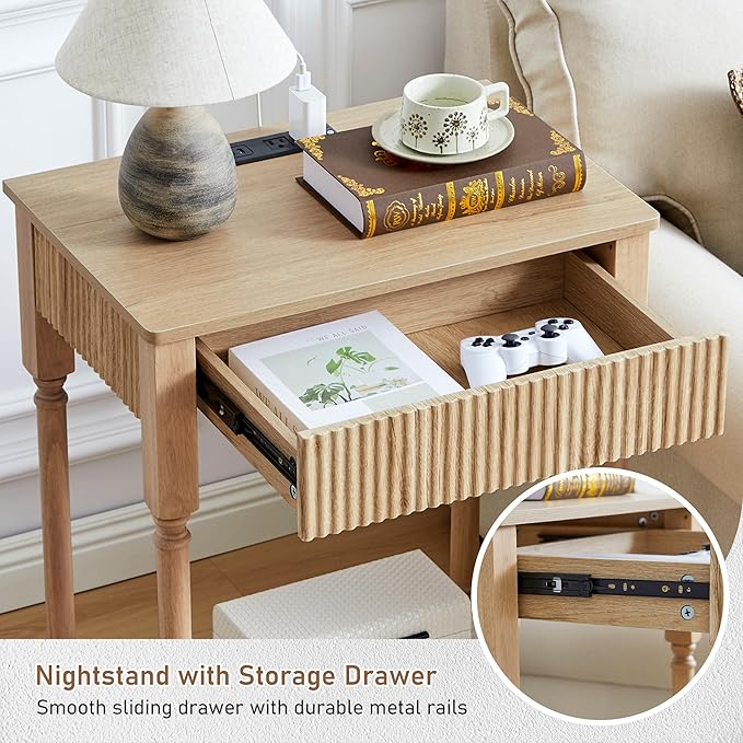 23.6” Large End Table with Charging Station, Set of 2, Modern Farmhouse Side Table Sofa Tables with Fluted Drawer, Wooden Bedside Table Night Stand for Bedroom Living Room Home Office,Natural