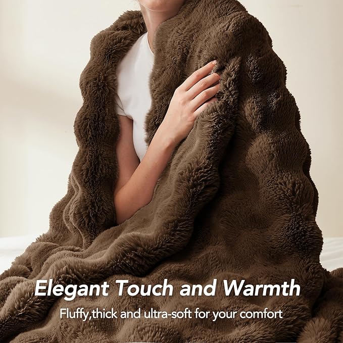 L'AGRATY Faux Rabbit Fur Blanket: 60" x 80" Twin Luxury Soft Fluffy Thick Fur Throw Blanket for Couch Bed Sofa - Cozy Plush Bubble Blankets for Winter: Flannel Fleece Decorative Blanket(Cocoa Brown)
