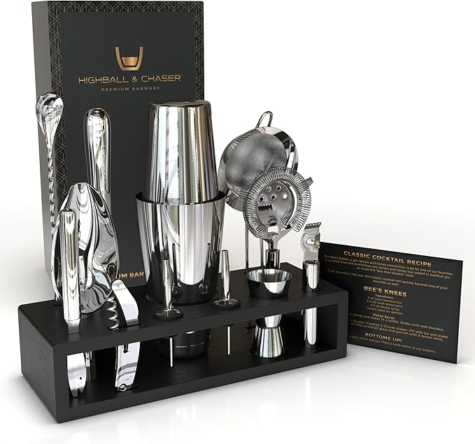 Highball & Chaser 13-Piece Boston Cocktail Shaker Set Stainless Steel Mixology Bartender Kit With Stand For Home Bar Cocktail Set | Laser Engraved Cocktail Tools | Plus E-Book with 30 Cocktail Recipes