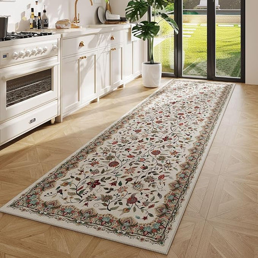 Rugcomf Vintage Paisley Kitchen Runner Rug 2'x6' - Machine Washable, Non-Slip Low Pile Floral Carpet for Laundry, Bedroom, Bathroom - Beige