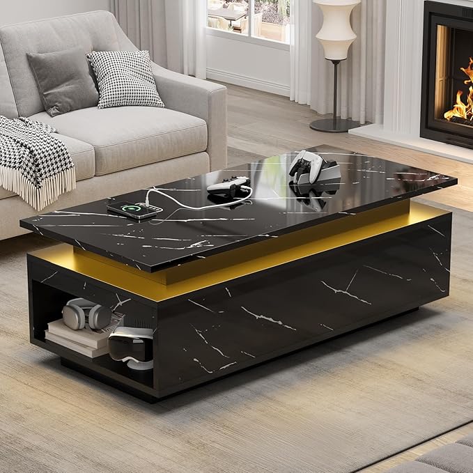 LED Coffee Table with Storage, Black Coffee Table with Wireless Charging and Speaker, High Glossy Modern Center Table with 24 Color LED Lights for Living Room Bedroom, Black