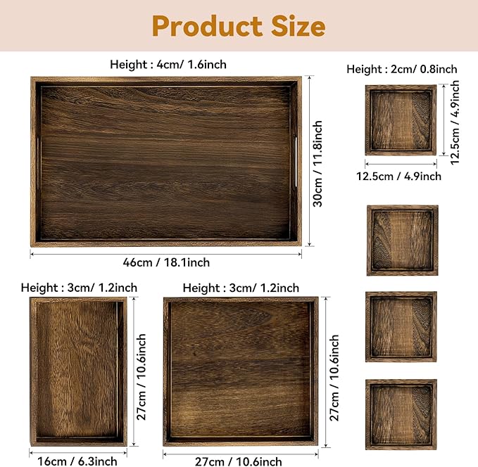 Rustic Wooden Serving Trays with Handle, Serving Platters, Charcuterie Board Set of 7 Nesting Food Trays for Serving Food, Home Decor, Breakfast, Coffee Table, Bed Tray, Picnic