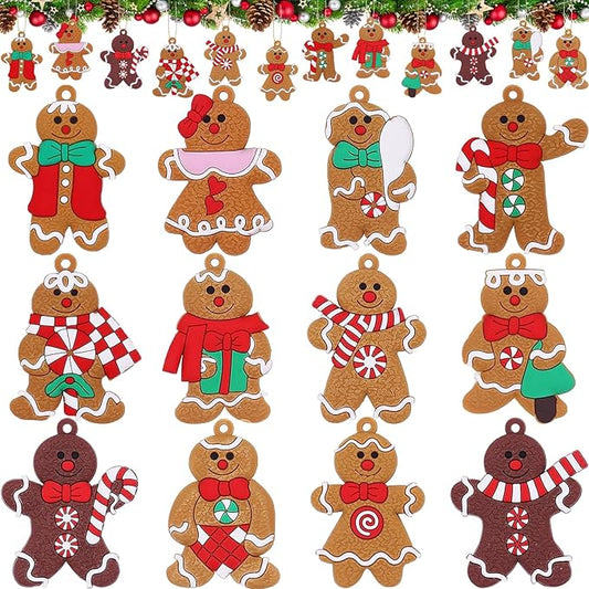 12pcs Gingerbread Ornaments for Christmas Tree Decorations Indoor, Hanging Plastic Gingerbread Man Christmas Ornaments Figurines Set, Cute Home Decor Living Room for Kids Birthday Party Supplies