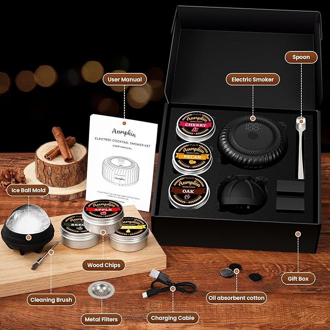 Electric Whiskey Smoker Kit with Built-in Lighter, Rechargeable & No Butane Needed, Includes 6 Wood Chips for Old Fashioned Cocktails, Bourbon Whiskey Gifts for Men/Dad/Husband,Black