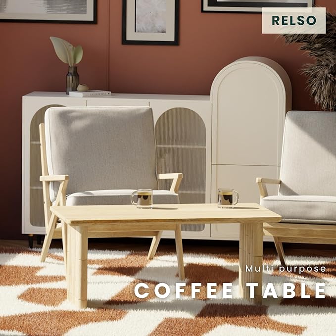 Bambos Coffee Table | Sold Mango Wood Center Table with Natural Finish | Handcrafted Accent for Living Room, Modern Decor, Apartment or Office | Bamboo Inspired Legs, Easy Assembly, Durable, Compact