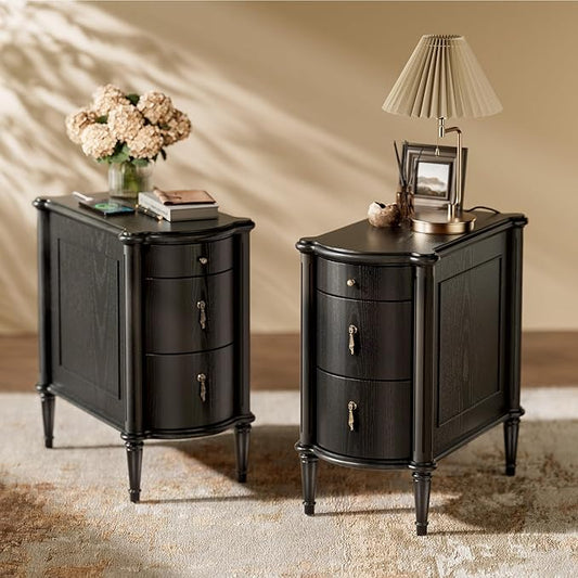 STO'SENSE Nightstand w/Charging Station & 3 Drawers, Pre-Assembled, Vintage Side Table w/Antique-Finished Pulls, Rustic Wood Finish, Narrow End Table w/Turned Legs for Bedroom (2, Black)