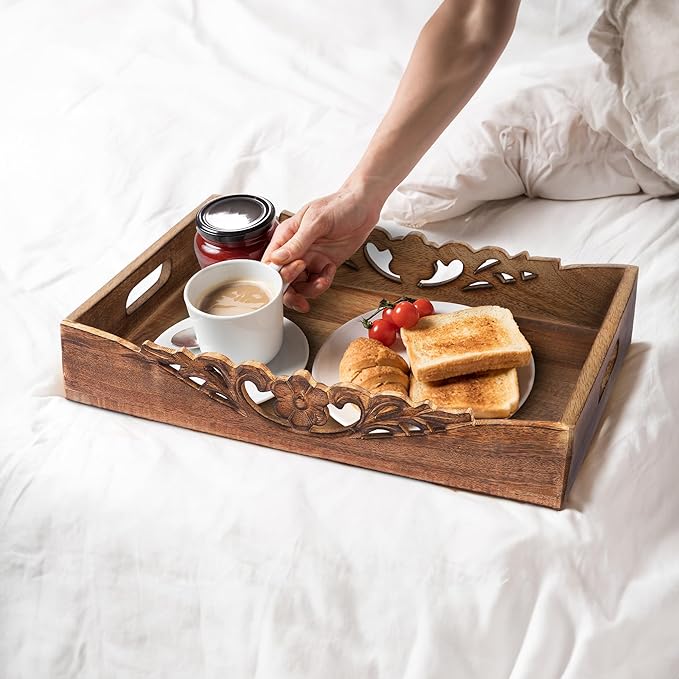 Mela Artisans Orchid Design Wooden Decorative Tray with Handles | 16x12x2.5 Mango Wood Ottoman Tray | for Kitchen Countertop | Coffee Table | Snacks | Desserts | Breads | Bedroom Decor