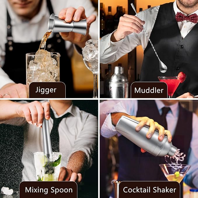 Bartender Kit, 23 Piece Professional Cocktail Shaker Set with Stand Shaker Spoon Jiggers Cocksrew, All Essential Bar Tools Accessories for Home Bar Mixology Drink Mixing, Gift, Stainless Steel