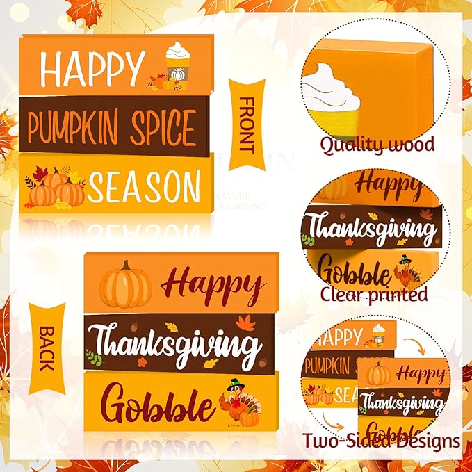 3 Pcs Thanksgiving Wooden Tabletop Signs Pumpkin Tiered Tray Decor Fall Double Side Centerpiece Rustic Wooden Block for Home Autumn Table Mantel Harvest Shelf Decor