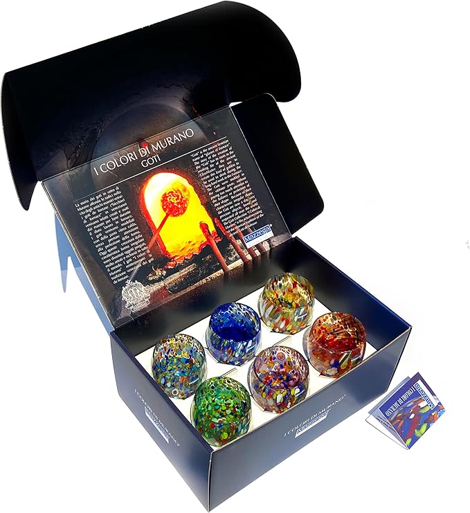 MAZZEGA ART & DESIGN - Set of 6 Handcrafted Blown Glass Water Glasses with Refined and Original Murano Murrine - The Colors of Murano - 'Classic 9,8 oz' Model. Made in Italy (6, Color Mix Gift Pack)