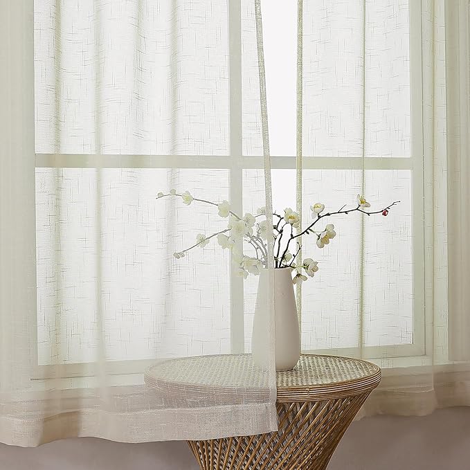 Aiyufeng Kirei Farmhouse Faux Linen Sheer Curtains 63 Inches Long, Light Filtering Solid Drapes for Window, 1 Pair Natural Linen Look Curtains Sheer for Bedroom (Set of 2, 40 by 63Inch, Natural)