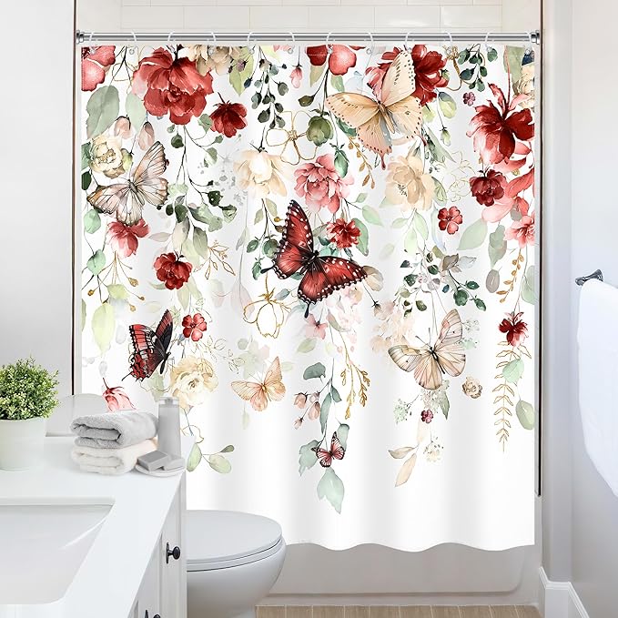 Red Floral Butterfly Shower Curtain 72Wx72L Inch Summer Spring Plant Natural Gold Green Leaves Botanical Bathroom Set Woman Girl Elegant Country Bath Curtain Bathtub Accessories Home Decor