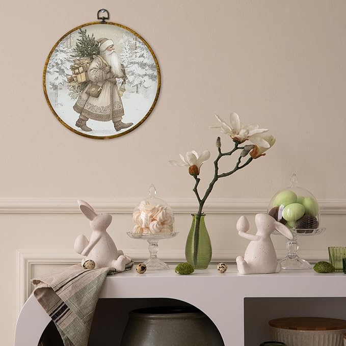 QZQE Vintage Christmas Santa Round Wall Art Decor Framed, Antique Christmas Circle Canvas Prints, Rustic Winter Neutral Xmas Santa Circular Wall Hanging Decor for Home Bedroom Living Room, 10x10 Inch