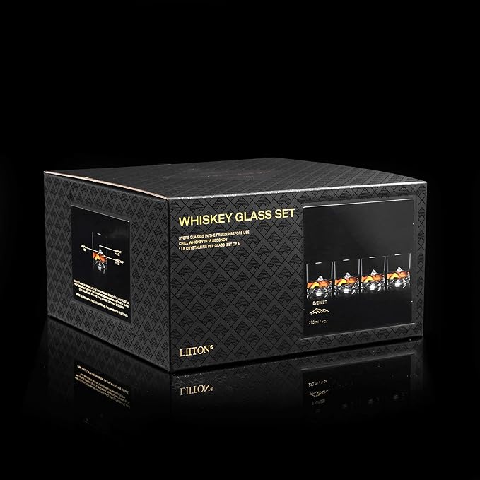 LIITON Mount Everest Heavy Crystal Whiskey Glasses Gift Set of 4, Thick Freezable Bourbon Glass 1lb Each, Premium Whiskey Gifts for Men, Frozen Crystal Chills Cocktails, 10 oz