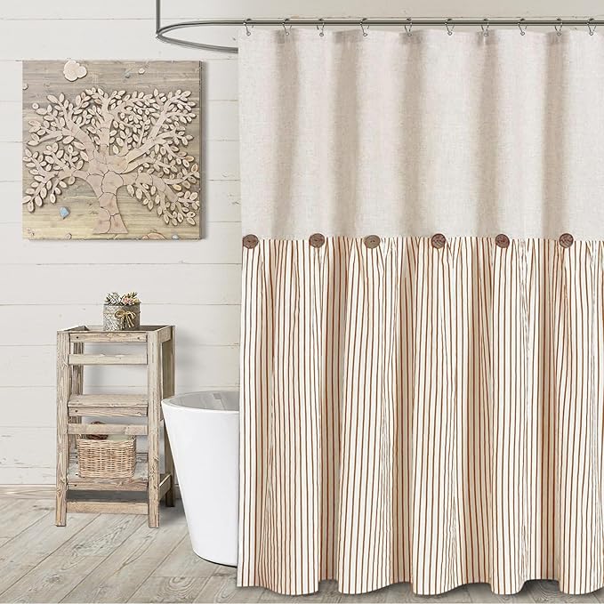 Awellife Farmhouse Orange Shower Curtain Button Linen Textured Woven Fabric,Pleated Orange Stripe,Country Style,72x72 Inch