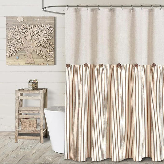 Awellife Farmhouse Orange Shower Curtain Button Linen Textured Woven Fabric,Pleated Orange Stripe,Country Style,72x72 Inch