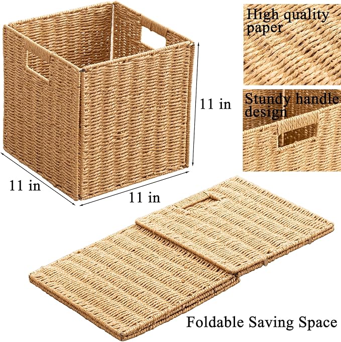 Foldable Storage Baskets with Handles Paper Rope Storage Baskets Rectangle Collapsible Hand Woven Storage Cubes Bins for Organizing Shelves Living Room Bedroom Pantry (4, 11'' x 11'' x 11'')