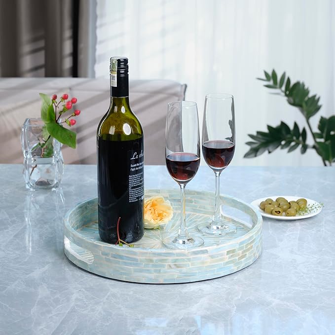 PEMAR 12.6” Mother of Pearl Round Serving Tray with Handles, Decorative Nacred Wooden Ottoman Coffee Table Tray (Teal Sunlight)