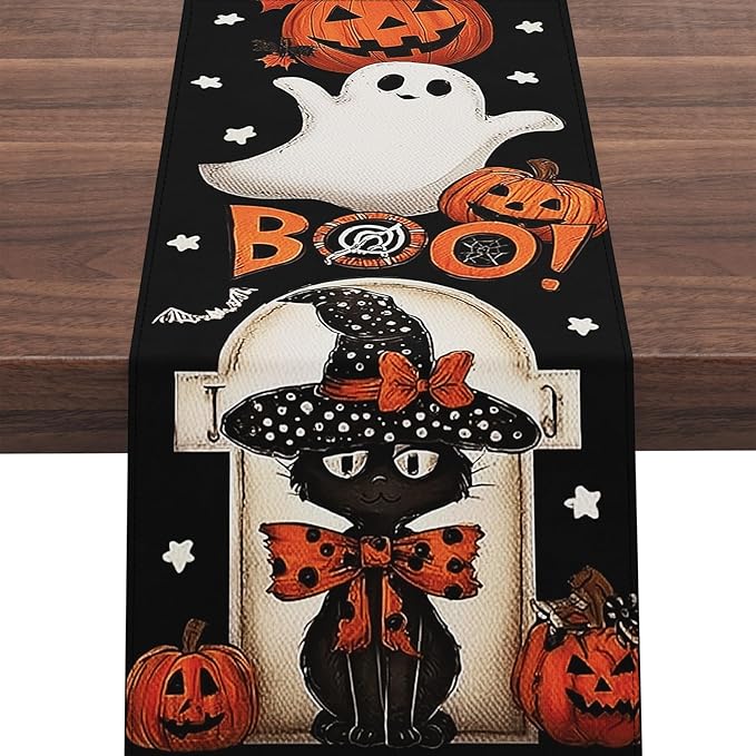 Halloween Table Runner,72 Inches Pumpkin Ghost and Spider Web Pattern Table Runner for Halloween, Table Decoration/Party Dinner Table Decor,Kitchen,Mantel,Bedroom Decoration