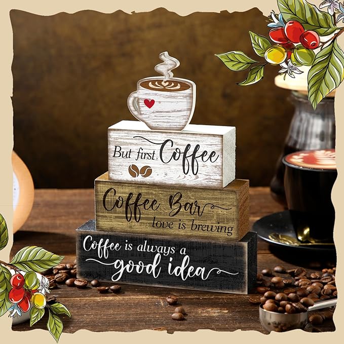 4 Pcs Wooden Coffee Bar Tabletop Decor Coffee Tiered Tray Decor Rustic Wood Bar Sign Gift Farmhouse Table Centerpiece Farmhouse Decorations for Home Kitchen